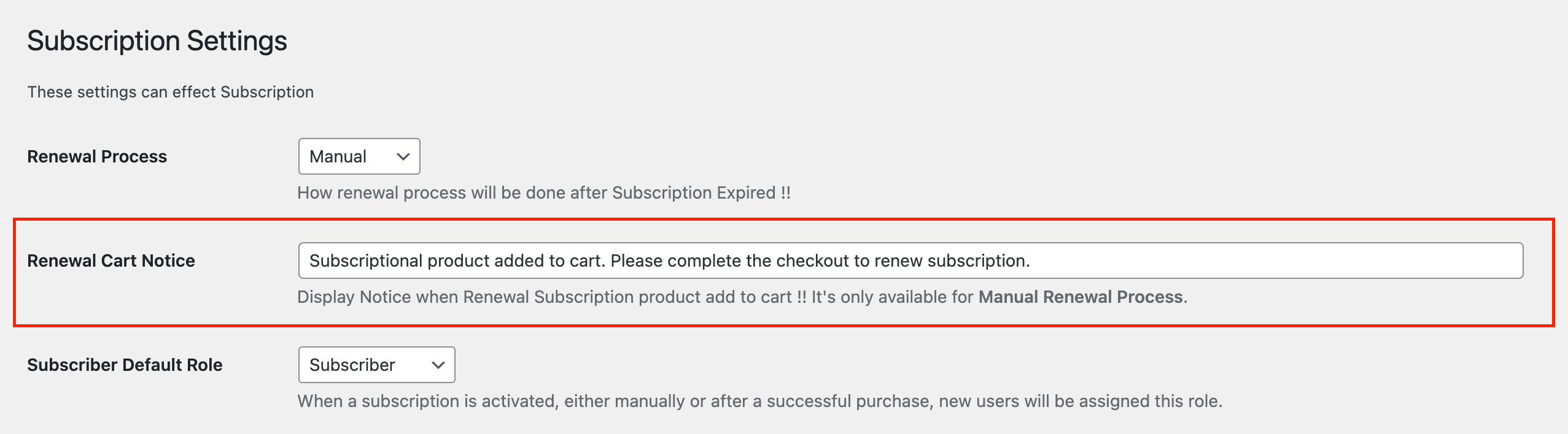 Renewal Cart Notice Setting