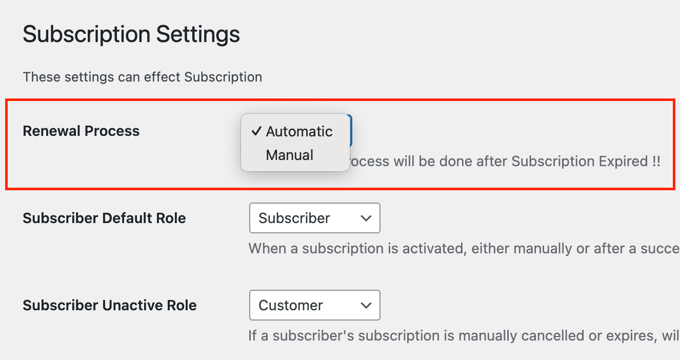 Renewal Process Setting